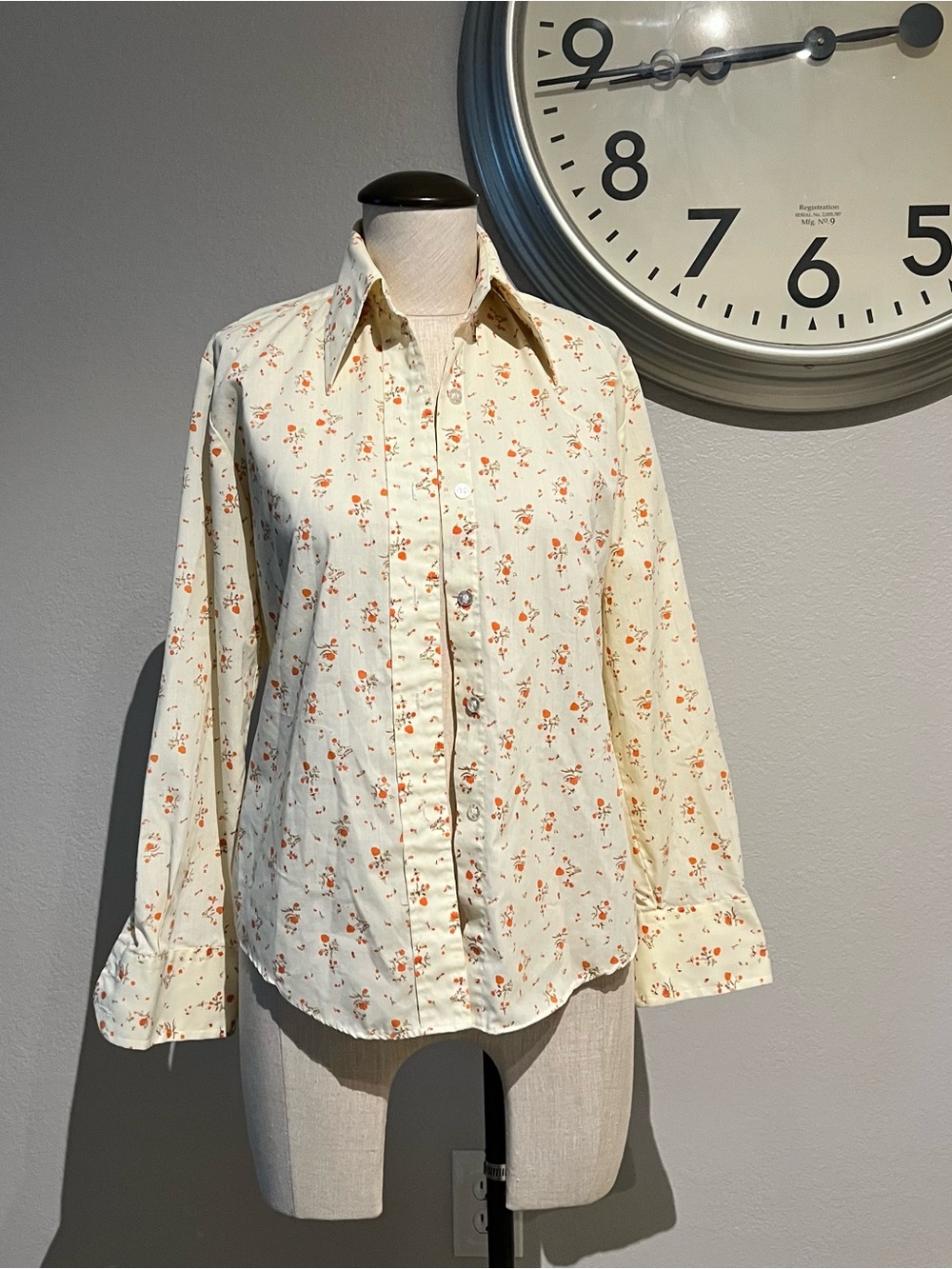 Vintage Cream Button-Down Shirt with Small Orange Floral Print